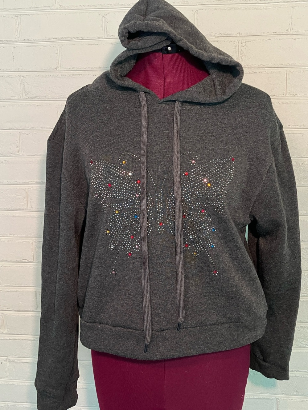Green Goddess Cropped Hoodie Sweatshirt with Rhinestone Butterfly, Size Large